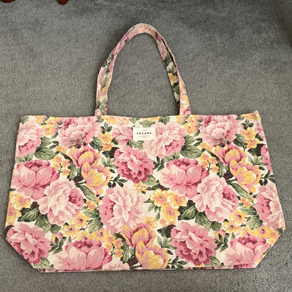 Sezane Pink and Yellow Floral Tote